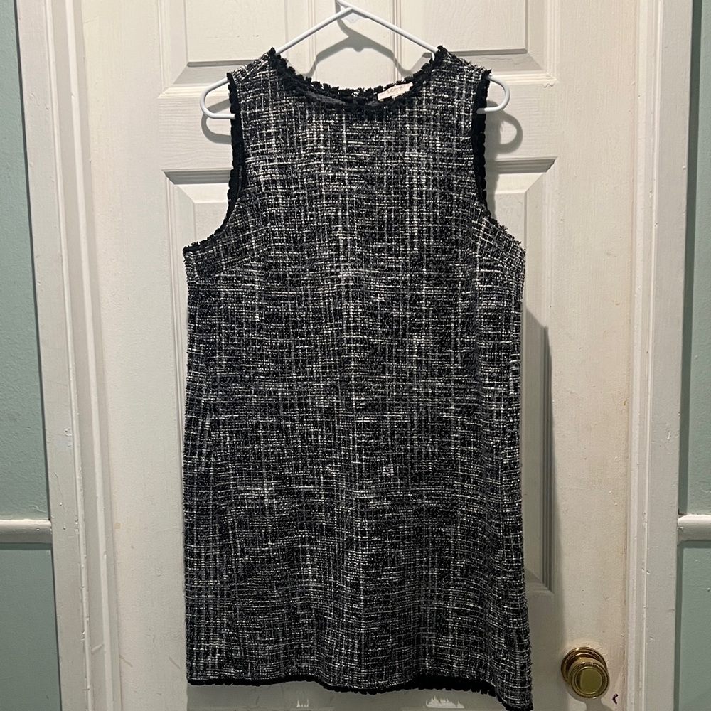 LOFT Black and White Tweed Fringe Shift Dress
